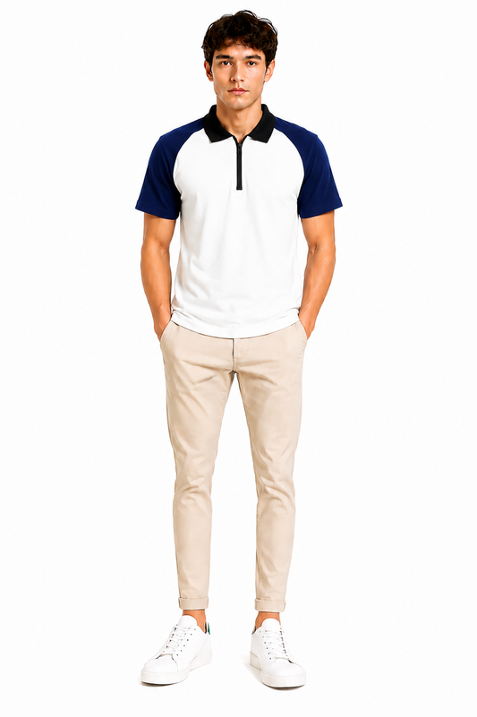 Men's Premium White & Blue Zip Polo Shirt