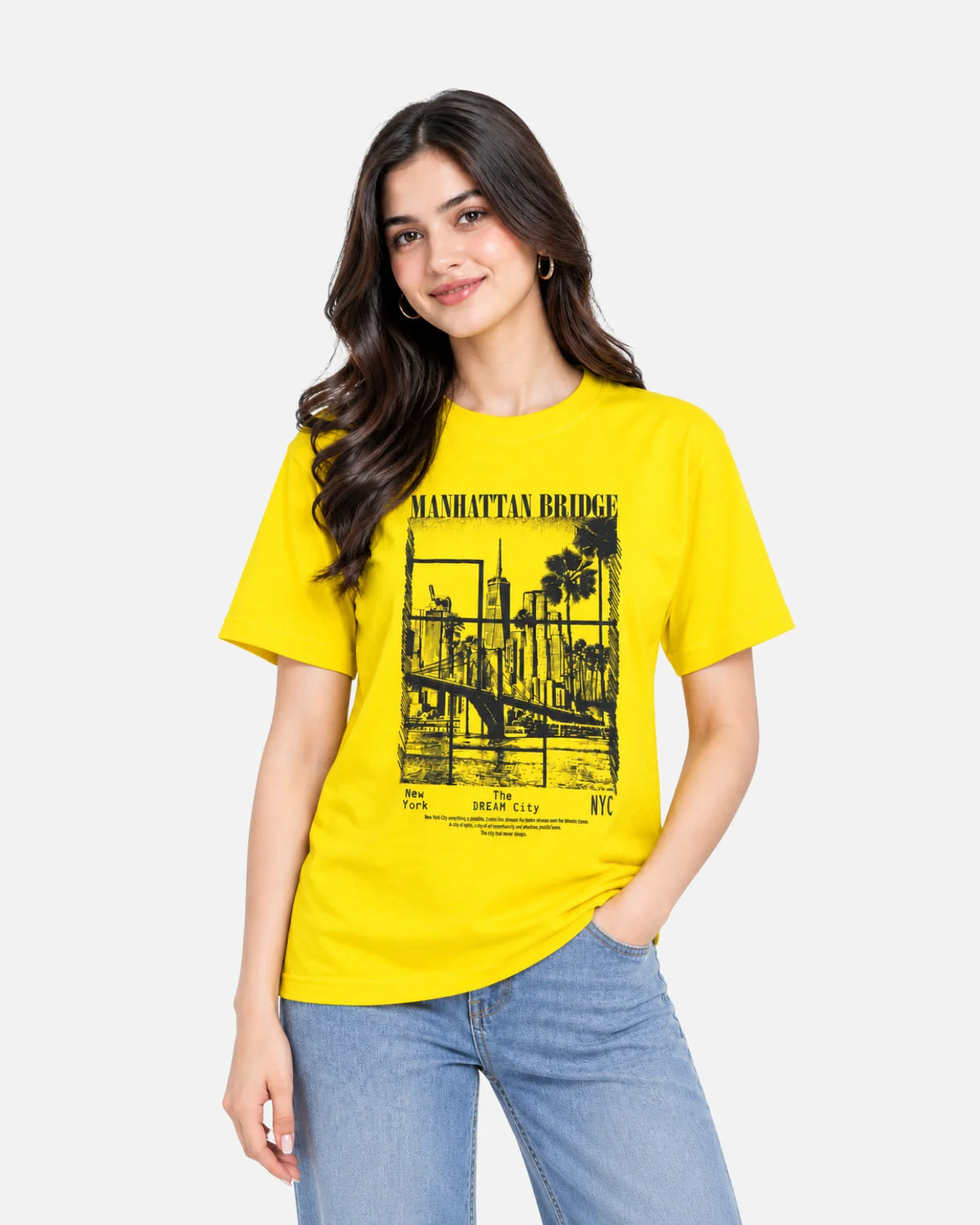 Women's Yellow Manhattan Bridge Graphic Printed T-Shirt